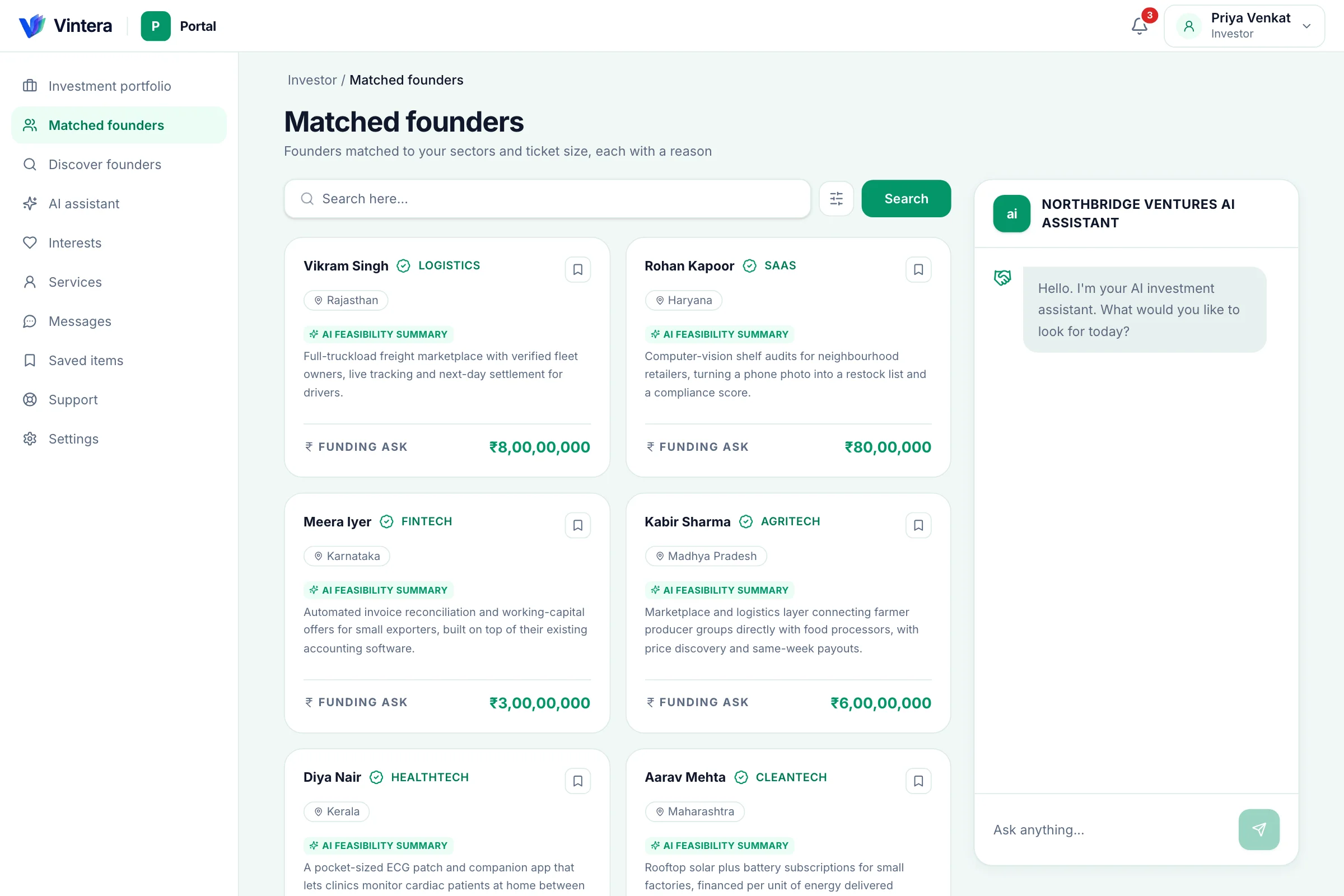 Investor portal with matched founders and an AI assistant